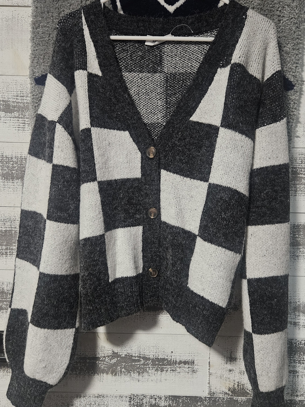 Double Zero Black & White Checkerboard V-Neck Button Cardigan